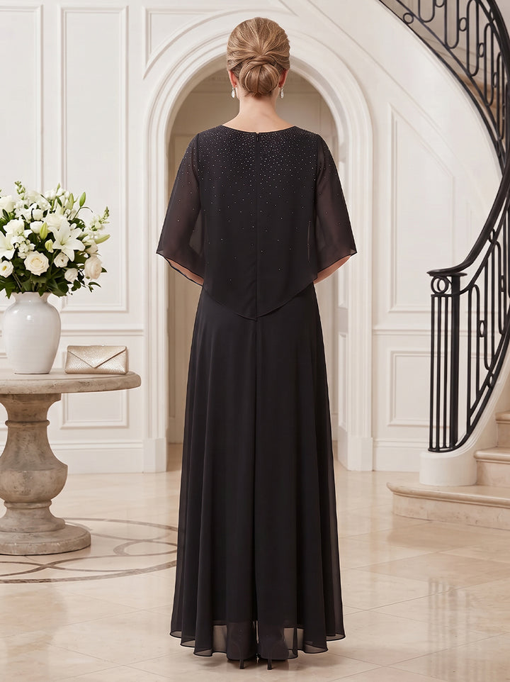 Chiffon A Line Round Neck Floor Length Half Sleeves Beading Mother of the Bride Dresses with Cape