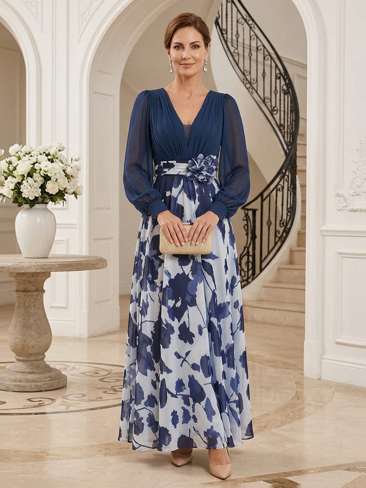 Chiffon A Line V Neck Floor Length Long Sleeves Ruched Floral Print Mother of the Bride Dresses