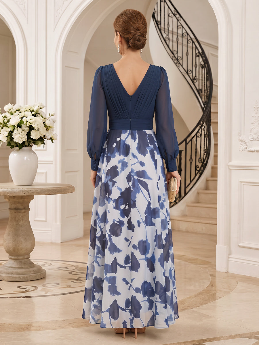 Chiffon A Line V Neck Floor Length Long Sleeves Ruched Floral Print Mother of the Bride Dresses
