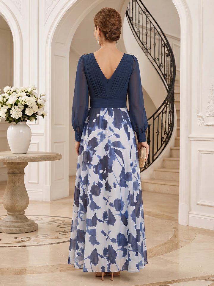Chiffon A Line V Neck Floor Length Long Sleeves Ruched Floral Print Mother of the Bride Dresses