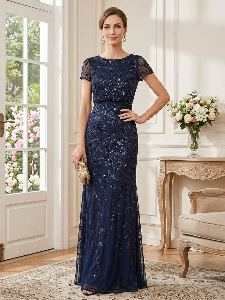 Tulle Sheath Jewel Neck Floor Length Short Sleeves Sequin Embroidery Mother of the Bride Dresses
