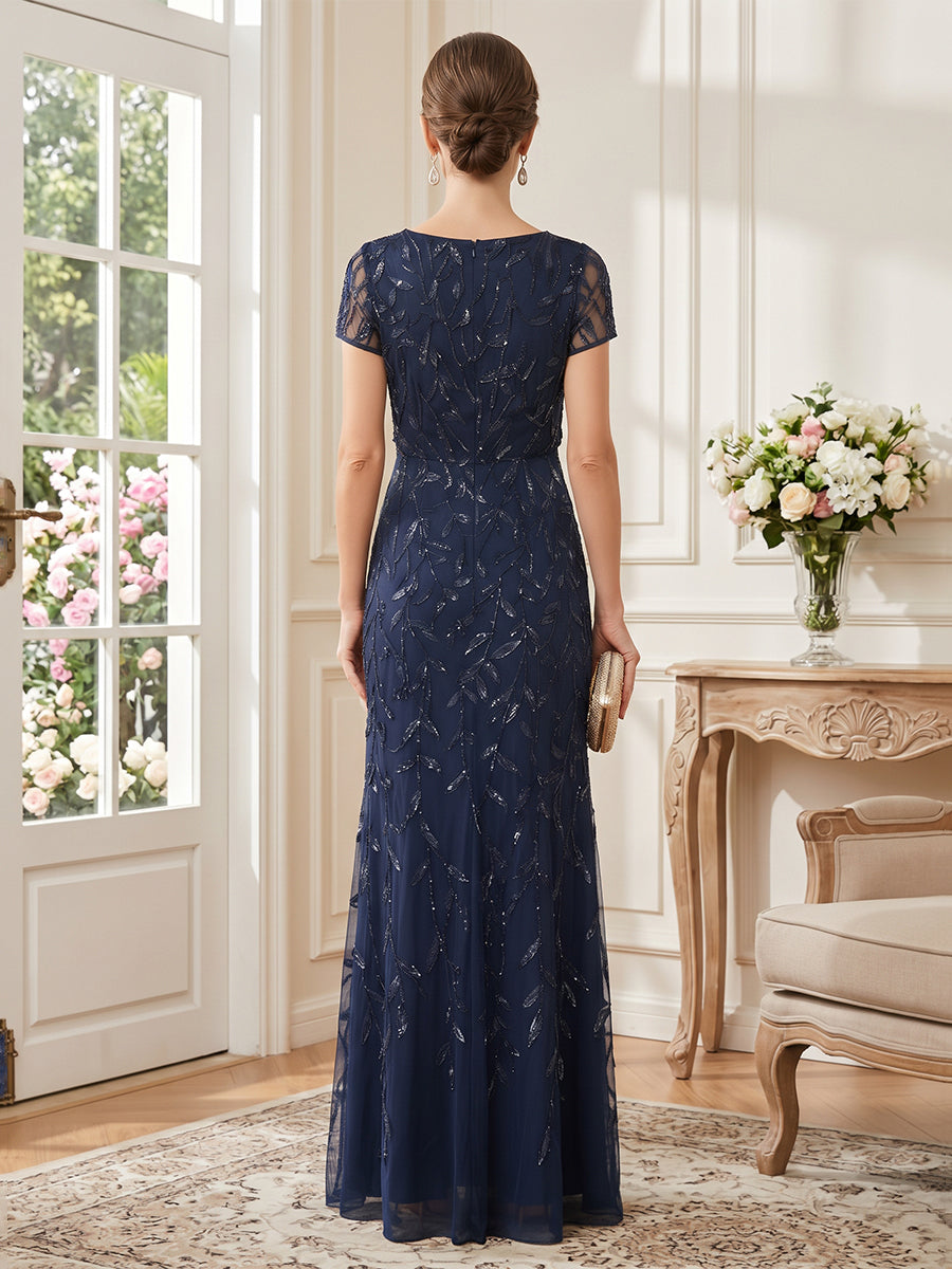 Tulle Sheath Jewel Neck Floor Length Short Sleeves Sequin Embroidery Mother of the Bride Dresses