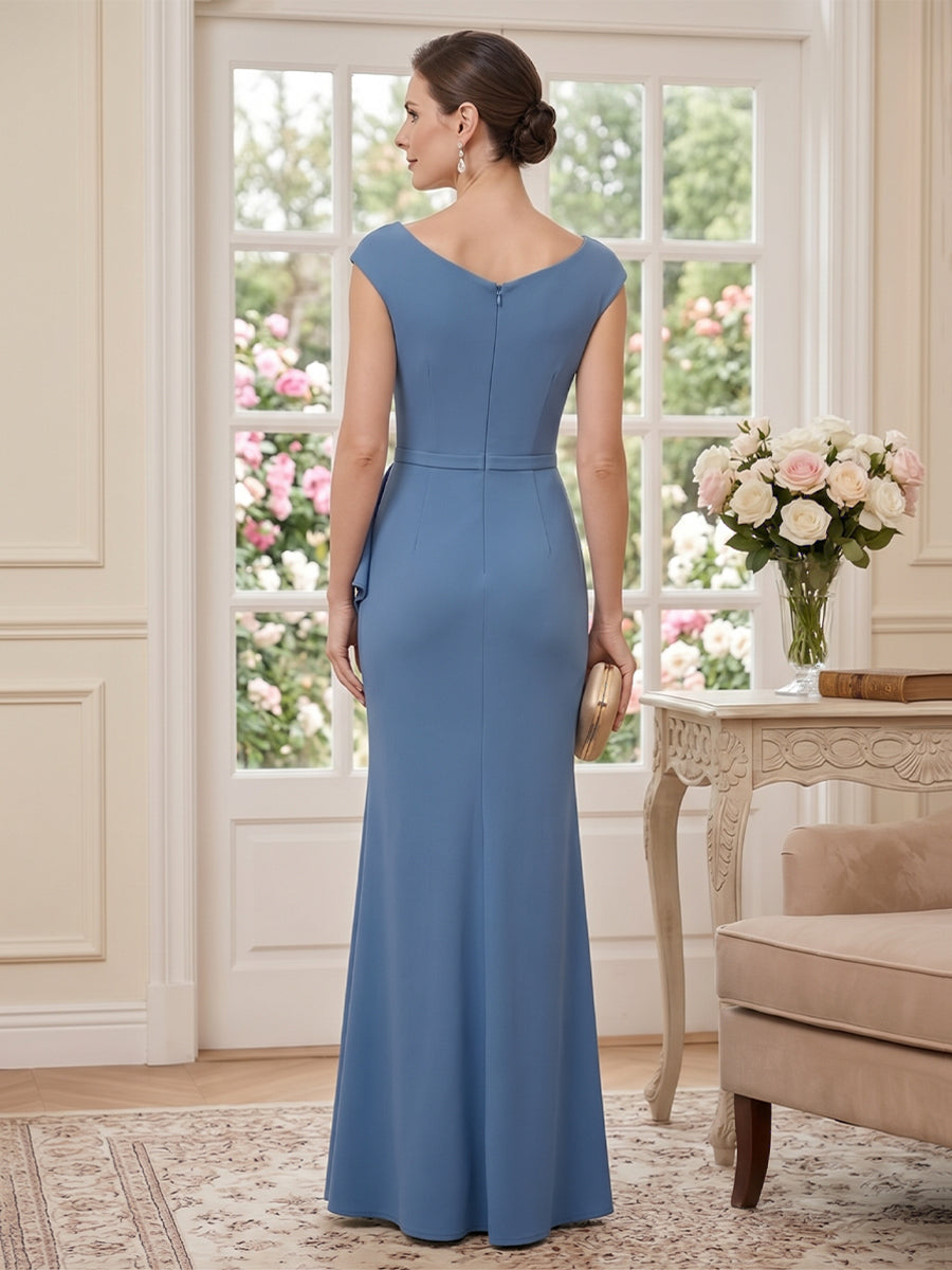 Satin Sheath Asymmetric Neck Floor Length Sleeveless Ruched Beading Mother of the Bride Dresses