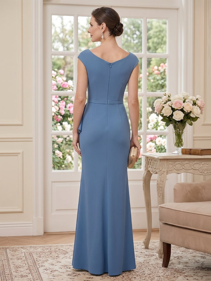 Satin Sheath Asymmetric Neck Floor Length Sleeveless Ruched Beading Mother of the Bride Dresses