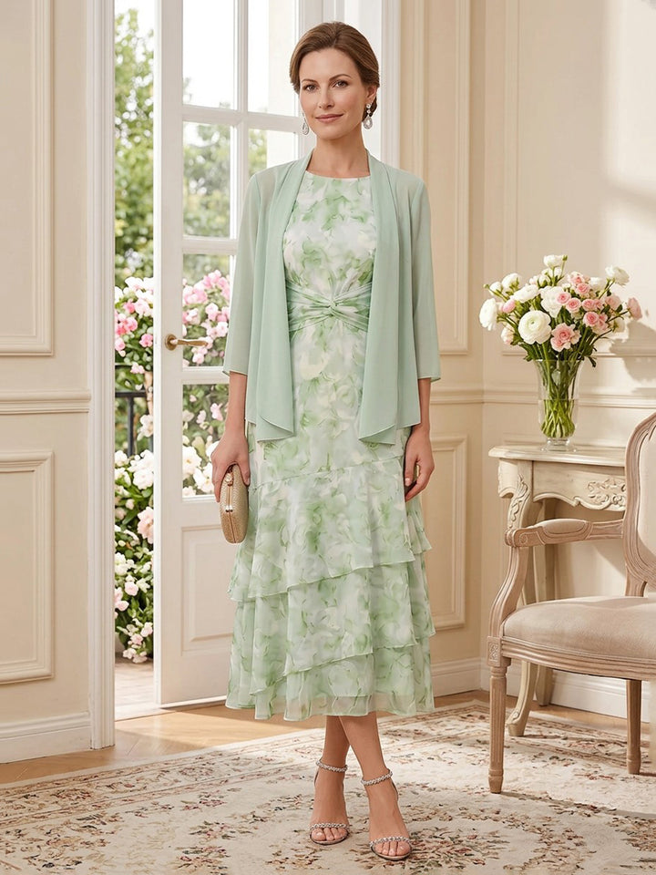 Chiffon A Line Round Neck Floor Length 3/4 length sleeves Floral Print Twisted Mother of the Bride Dresses