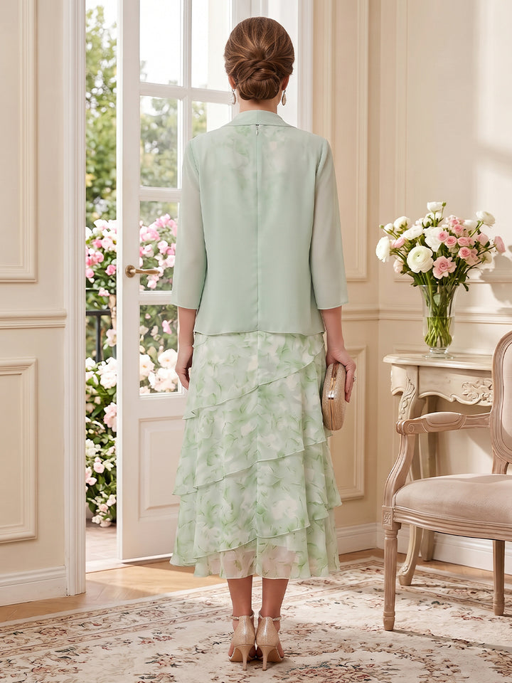 Chiffon A Line Round Neck Floor Length 3/4 length sleeves Floral Print Twisted Mother of the Bride Dresses