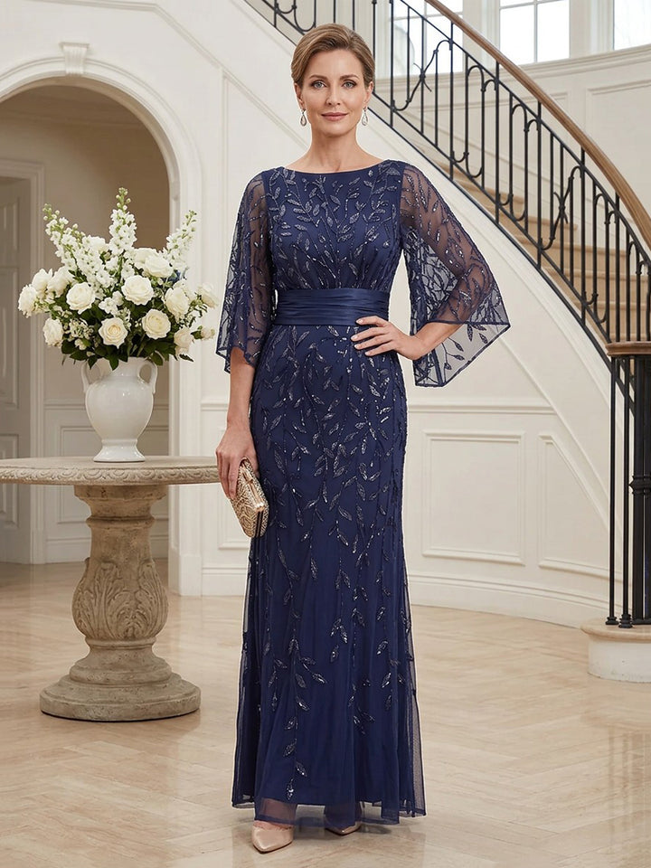 Tulle Sheath Jewel Neck Floor Length 3/4 length sleeves Sequin Embroidery Mother of the Bride Dresses