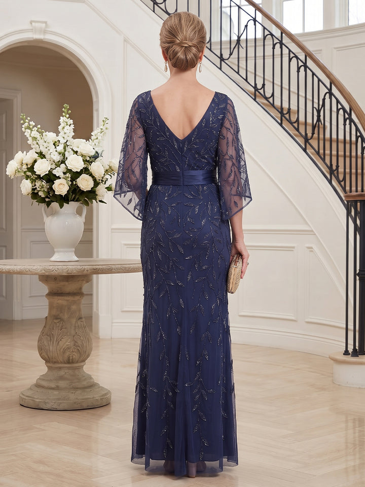 Tulle Sheath Jewel Neck Floor Length 3/4 length sleeves Sequin Embroidery Mother of the Bride Dresses