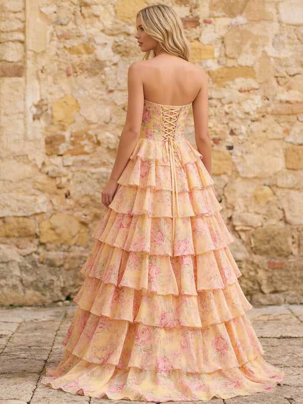 Chiffon Corset Strapless Floral Tiered Maxi Prom Dresses with Slit