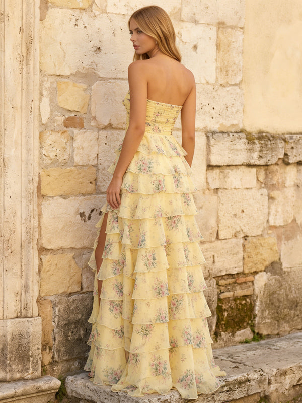 Chiffon Sweetheart Strapless Floral Tiered Maxi Prom Dresses with Slit