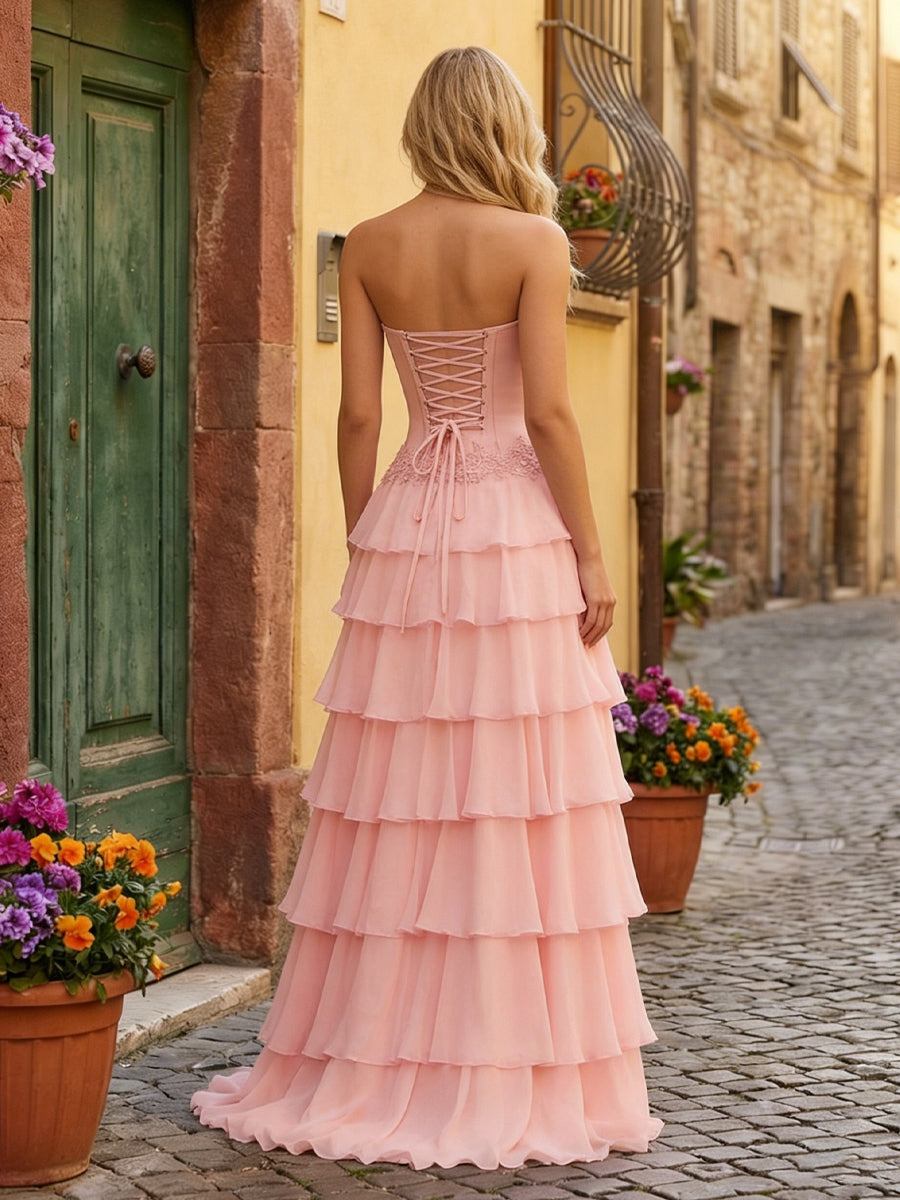 Chiffon Corset Strapless Lace Appliques Tiered Maxi Prom Dresses with Slit