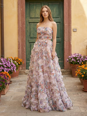 Sheer Tulle Layered Floral Ruffles Strapless Maxi Prom Dresses