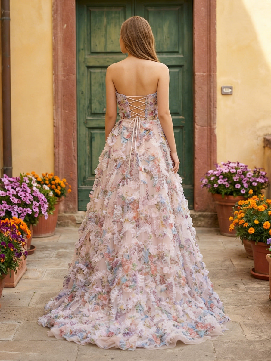 Sheer Tulle Layered Floral Ruffles Strapless Maxi Prom Dresses