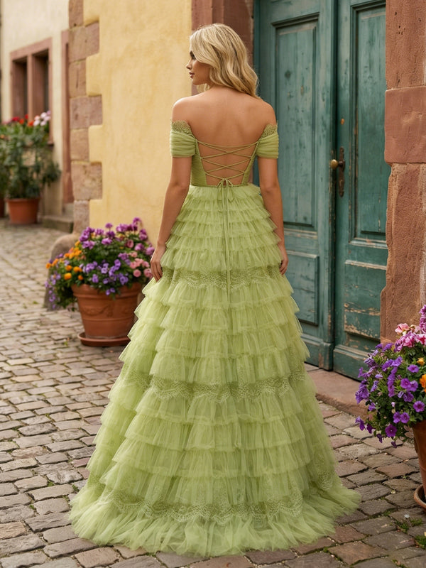 Tulle Off Shoulder Tiered Maxi Prom Dresses with Back Tie