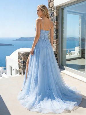 Tulle Corset Spaghetti Straps Floral Appliques Long Prom Dresses with Slit