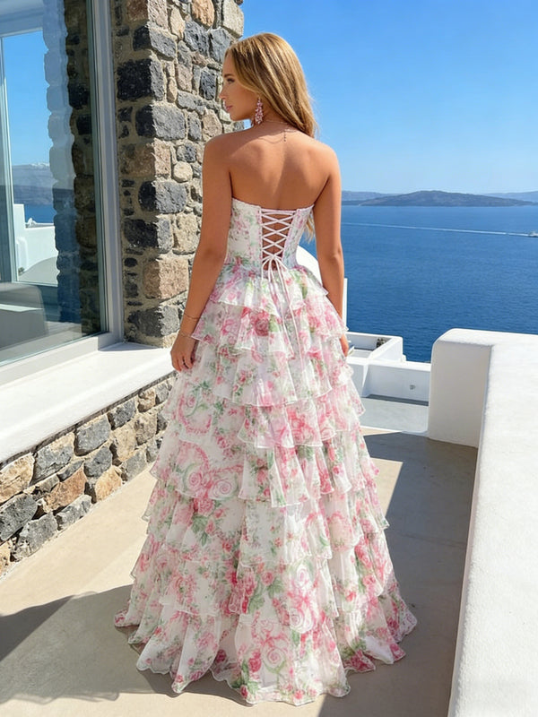 Chiffon Floral Corset Strapless A Line Long Prom Dresses with Back Tie