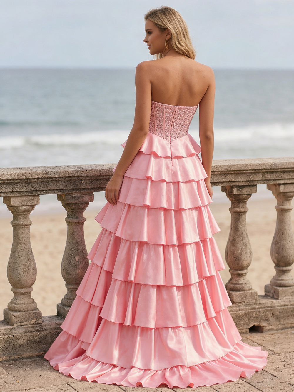 Satin Sequin Strapless Corset Tiered Long Prom Dresses with Slit