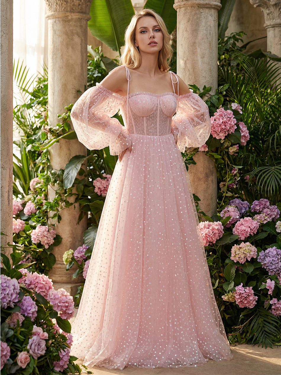 Tulle Spaghetti Straps Corset Long Sleeves Prom Dresses