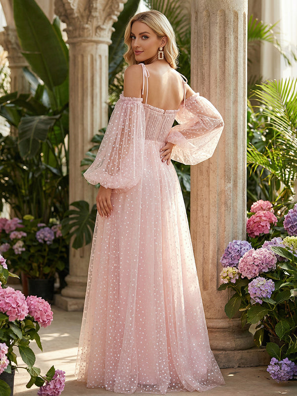 Tulle Spaghetti Straps Corset Long Sleeves Prom Dresses