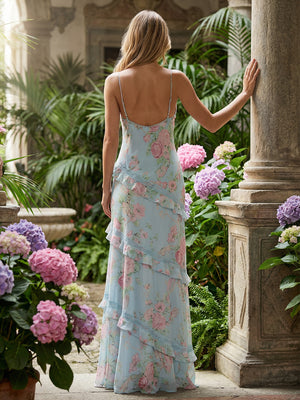 Chiffon Corset V Neck Spaghetti Straps Floral Wedding Guest Dresses