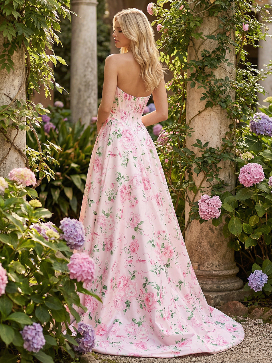 Corset Sweetheart Floral Prom Dresses with Slit