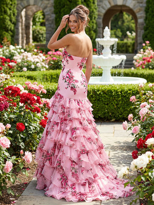 Layered Chiffon Cut Out Strapless Corset Prom Dresses