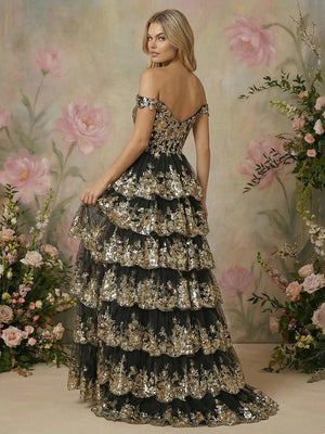 Layered Off the Shoulder Lace Appliques Tulle Corset Prom Dresses