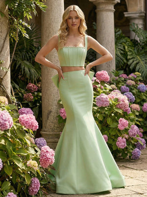 Square Neck 2 Pieces Corset Prom Dresses with Bow