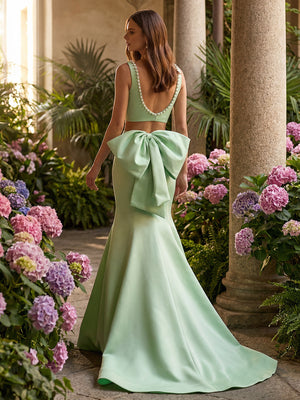 Square Neck 2 Pieces Corset Prom Dresses with Bow