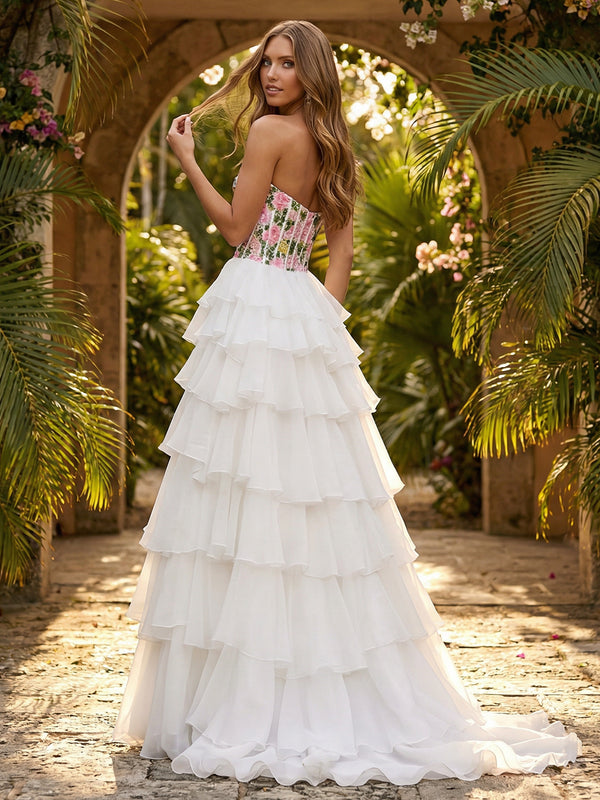 Layered Strapless Floral Corset Prom Dresses