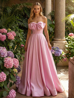 Strapless Corset Pleated Prom Dresses with Bow
