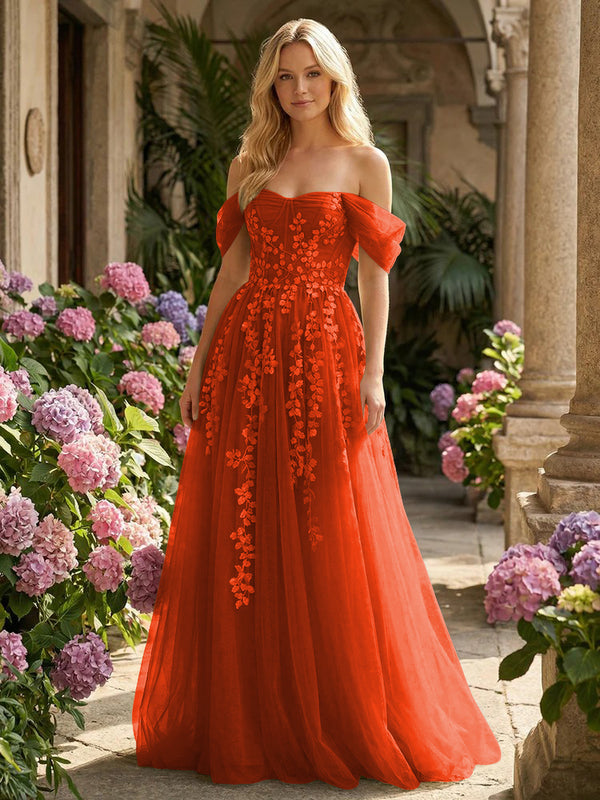 Tulle Flower Embroidered Off the Shoulder Corset Evening Dresses