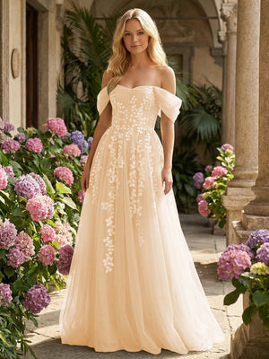 Tulle Flower Embroidered Off the Shoulder Corset Evening Dresses