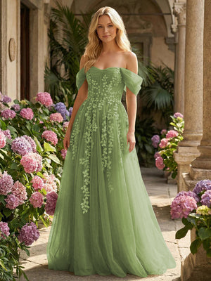 Tulle Flower Embroidered Off the Shoulder Corset Evening Dresses