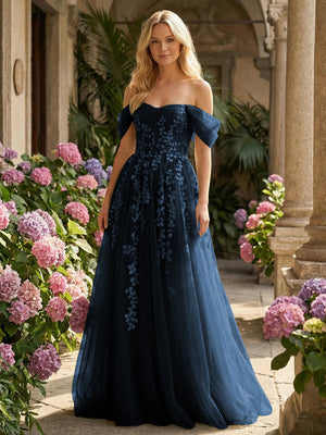 Tulle Flower Embroidered Off the Shoulder Corset Evening Dresses