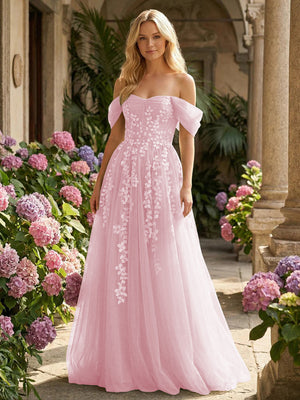 Tulle Flower Embroidered Off the Shoulder Corset Evening Dresses