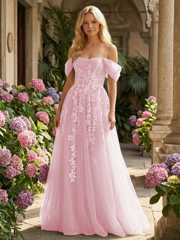 Tulle Flower Embroidered Off the Shoulder Corset Evening Dresses