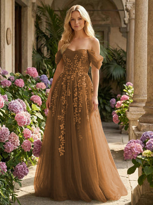 Tulle Flower Embroidered Off the Shoulder Corset Evening Dresses