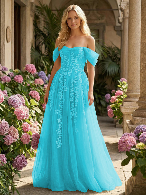 Tulle Flower Embroidered Off the Shoulder Corset Evening Dresses