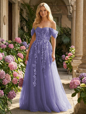 Tulle Flower Embroidered Off the Shoulder Corset Evening Dresses