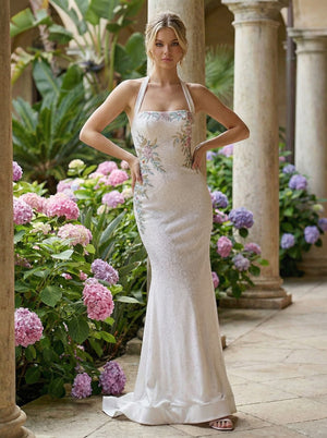 Halter Strapless Embroidered Corset Prom Dresses