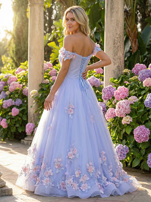 Tulle Off the Shoulder Flower Embroidered Corset Prom Dresses