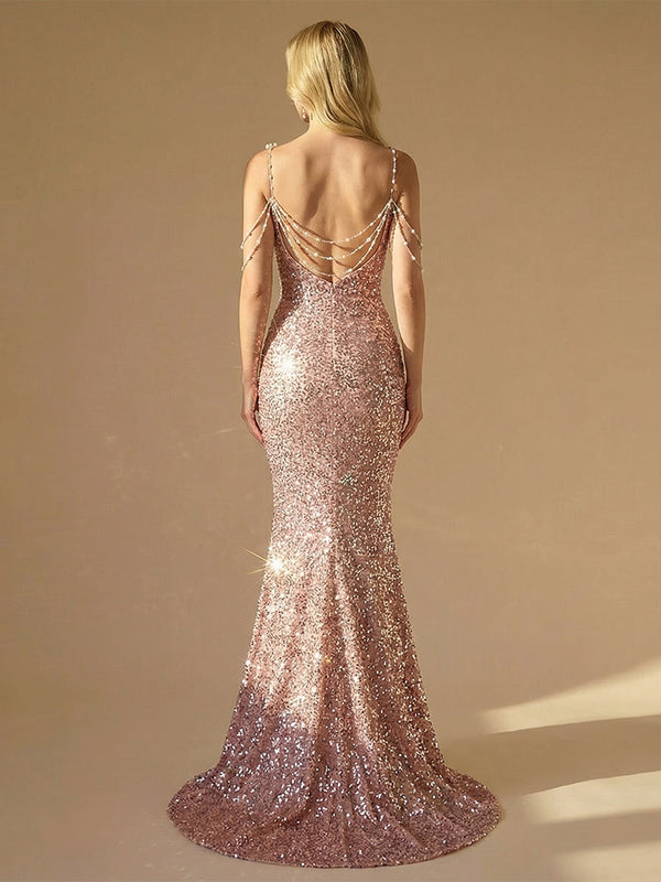 Sequin Spaghetti Straps Mermaid Prom Dresses with Beading