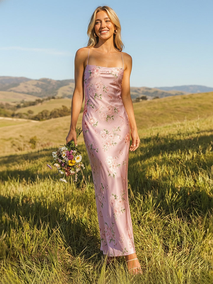 Floral Satin Spaghetti Straps Sheath Formal Dresses