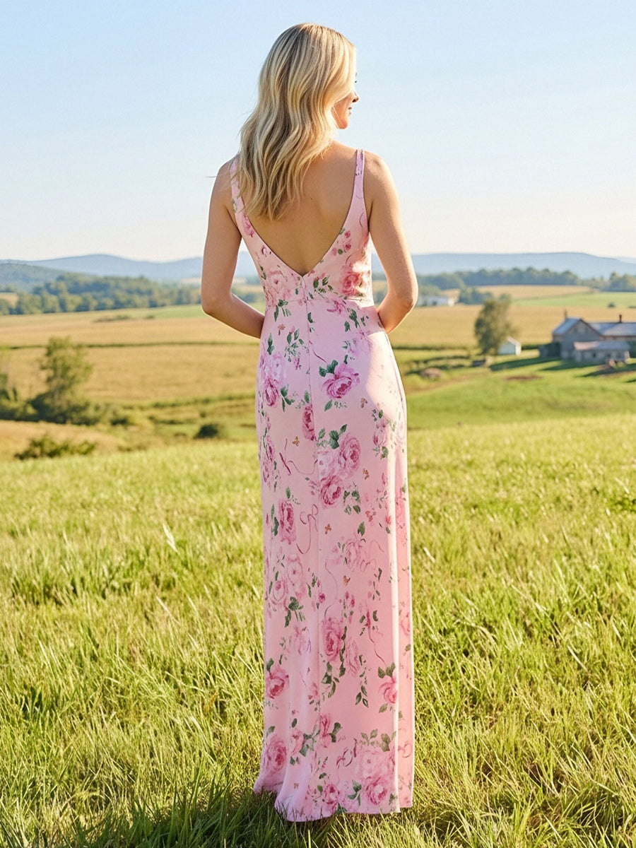 Floral Satin V Neck Sheath Long Formal Dresses