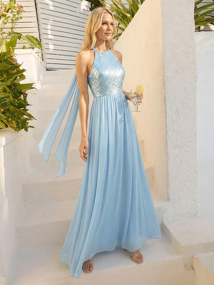 Sequin Halter A Line Prom Dresses with Scarf Chiffon Evening Gowns