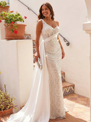 One Shoulder Sequin Prom Dresses with Sweep Train