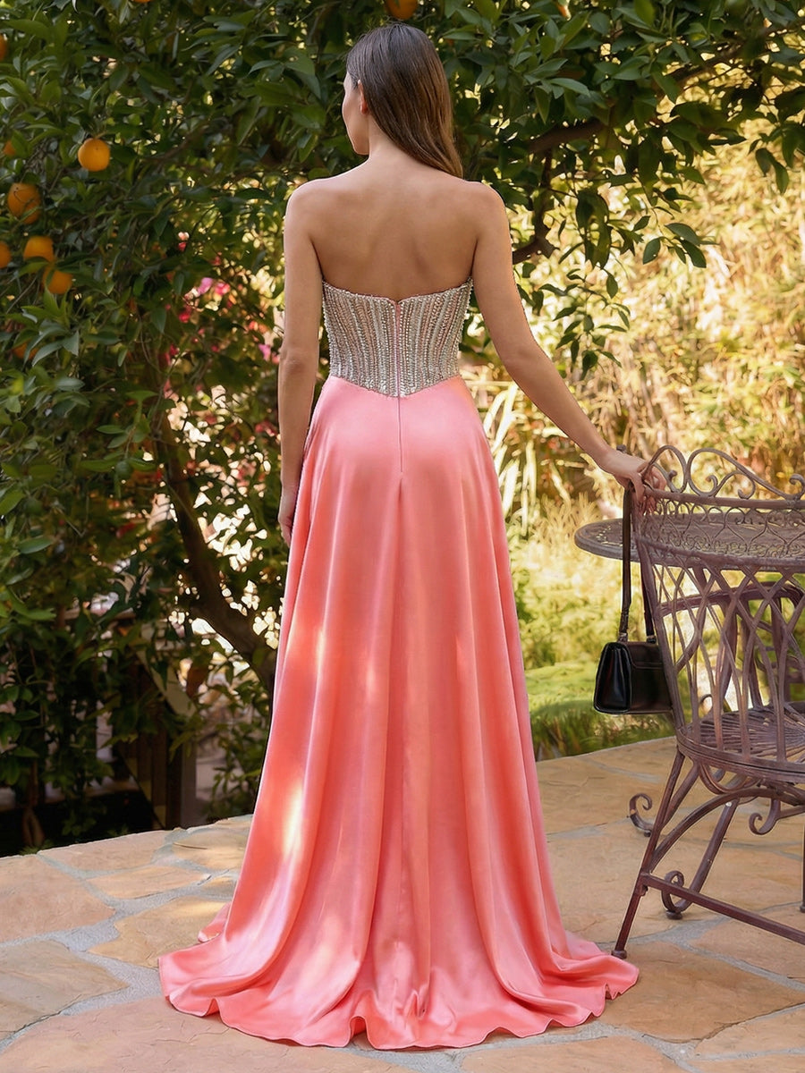 Strapless Sequin A Line Satin Prom Dresses with Slit