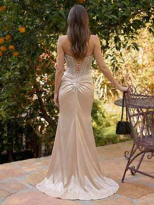 Strapless Sequin Mermaid Split Prom Dresses with Pleats