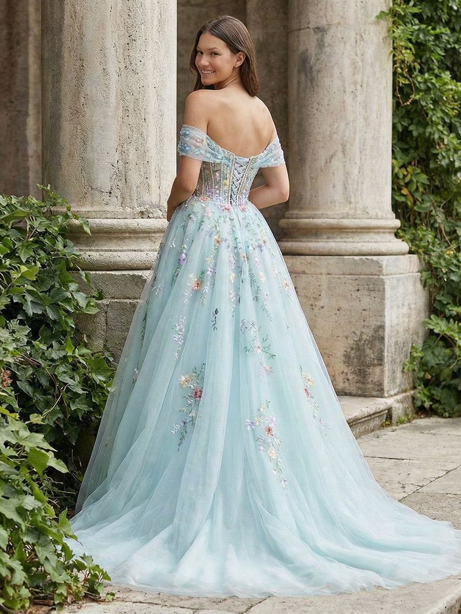 Lace Appliques Off the Shoulder A Line Prom Dresses
